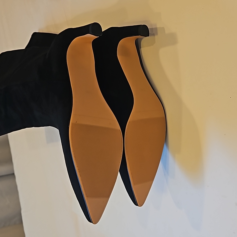 Black Vegan Suede Kitten Heel Wide Calf Boots - Picture 4 of 5